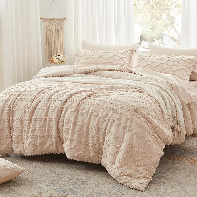 Anluoer Twin Comforter Set 5 Pieces, Beige Tufted Bed in a Bag with comforters and sheets, All Season Bedding Sets with 1 Comforter, 1 PillowShams, 1 Pillowcases, 1 Flat Sheet, 1 Fitted Sheet - LeafyLoom