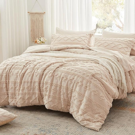 Anluoer King Comforter Set 7 Pieces, Beige Tufted Bed in a Bag with comforters and sheets, All Season Bedding Sets with 1 Comforter, 2 PillowShams, 2 Pillowcases, 1 Flat Sheet, 1 Fitted Sheet - LeafyLoom