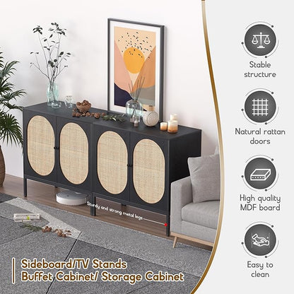 XIAO WEI Sideboard Cabinet with Handmade Natural Rattan Doors, Rattan Cabinet Accent Buffet Cabinet Console Table, for Living Room Dining Room Hallway kitchen-2 Pieces(Black Oval) - LeafyLoom