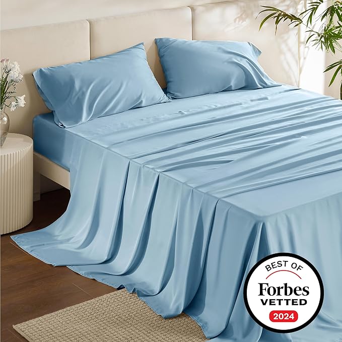 Bedsure Full Size Sheets, Cooling Sheets Full, Rayon Derived from Bamboo, Deep Pocket Up to 16", Breathable & Soft Bed Sheets, Hotel Luxury Silky Bedding Sheets & Pillowcases, Teal Blue - LeafyLoom