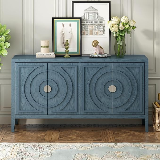 Retro Sideboard with Circular Groove Design Round Metal Door Handle,Wooden Buffet Cabinet,W/Adjustable Shelves & Open Countertop,for Entrance Living Dinning Room,Antique Blue, 60" - LeafyLoom