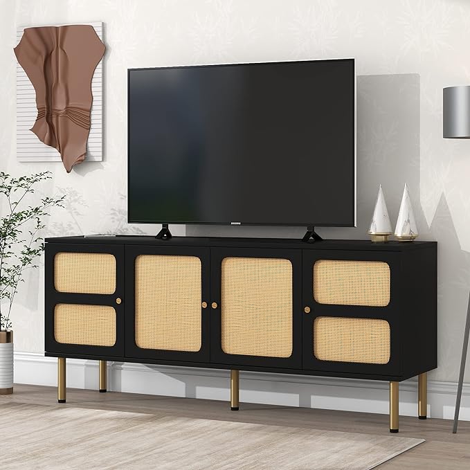 TV Stand, 65 Inch TV Console with Rattan Door and Gold Metal Base for TVs Up to 70'', Boho Style Entertainment Center with Ample Storage Space for Living Room, Black - LeafyLoom