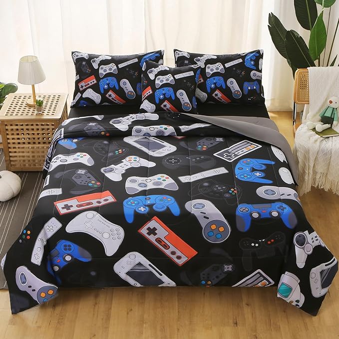 6Pcs Game Console Comforter Set with Sheets for Boys Girls Kids Teens, Gamepad Collection Themed Bed in A Bag Twin Size, 3D Video Gamer Controller Bedroom Decor Bedding Set - LeafyLoom