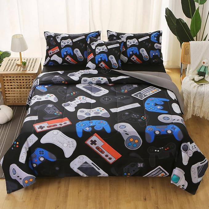 6Pcs Game Console Comforter Set with Sheets for Boys Girls Kids Teens, Gamepad Collection Themed Bed in A Bag Full Size, 3D Video Gamer Controller Bedroom Decor Bedding Set - LeafyLoom