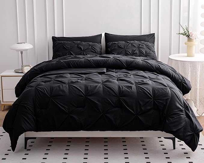 LANE LINEN California King Comforter Set, 7 Piece Cal King Bed in a Bag, Pintuck Cal King Bedding Set, Soft Cali King Bed Set, Cal King Bedding Comforter Sets with Sheets, Pillowcases & Shams - Black - LeafyLoom