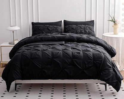 LANE LINEN California King Comforter Set, 7 Piece Cal King Bed in a Bag, Pintuck Cal King Bedding Set, Soft Cali King Bed Set, Cal King Bedding Comforter Sets with Sheets, Pillowcases & Shams - Black - LeafyLoom