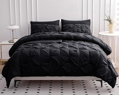 LANE LINEN King Size Comforter Set with Sheets, Complete 7 Piece King Comforter Set, Pintuck King Size Bedding Set, Soft King Size Bed in a Bag Set, Premium King Bed Set, Pillowcases & Shams - Black - LeafyLoom