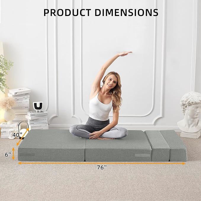 Convertible Folding Sofa Bed - Sleeper Chair with Pillow, Modern Linen Fabric Floor & Futon Couch, Foldable Mattress for Living Room/Dorm/Guest/Home Office/Apartment, Standard Size, Light Gray - LeafyLoom