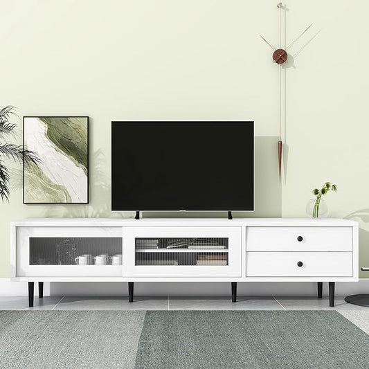 NicBex TV Stand for 75 Inch TV Modern TV Media Console Table with Sliding Fluted Glass Doors,Entertainment Center with Storage for Living Room,70.86 Inch,White - LeafyLoom