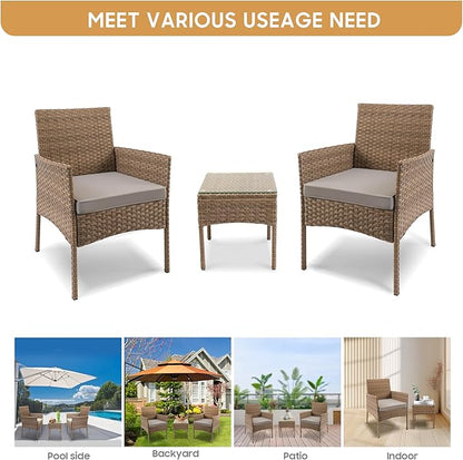 YIYAN 3 Pieces Patio Bistro Set Outdoor Wicker Furniture Outdoor Porch PE Rattan Wicker Chairs Furniture Sets with Sofa Chairs,Glass Coffee Table and Gray Washable Cushion - LeafyLoom