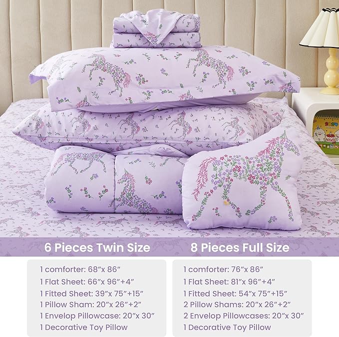 Mooreeke Full Size Comforter Sets for Girls Kids, 8 Pieces Bed in a Bag Purple Floral Unicorn Bedding Comforter Sheet Set with Shams and Decorative Toy Pillow, Ultral Soft Microfiber Kids Bed Set - LeafyLoom