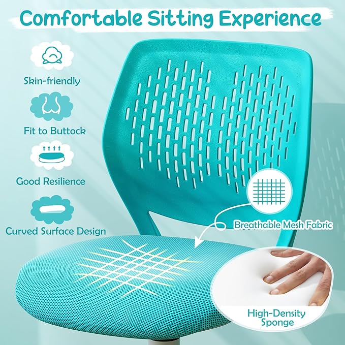 Kids Desk Chair, Ergonomic Kids Office Chair Ages8-12 w/Lumbar Support, Low-Back Teen Desk Chair for Girls Boys, Small Cute Kids Computer Chair for Bedroom/Study/Vanity Desk, Turquoise - LeafyLoom