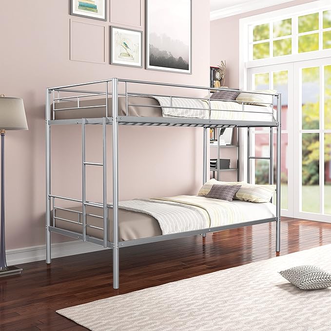 Metal Twin over Twin Bunk Bed,Heavy-duty Sturdy Metal-bed,Noise Reduced Design, 2 Side Ladders, Safety Guardrail,CPC Certified,No Box Spring Needed,Bedroom Furniture,Silver - LeafyLoom