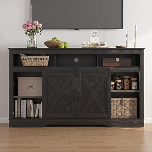 Farmhouse TV Stand for 23" Fireplace, 34'' Tall Entertainment Center for 65+ Inch TV, Rustic TV Console with Sliding Bar Door for Living Room (Black) - LeafyLoom