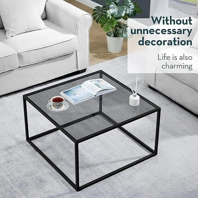 SAYGOER Glass Coffee Table, Small Modern Coffee Table Square Simple Center Tables for Living Room 26.7 x 26.7 x 15.7 Inches, Gray Black - LeafyLoom