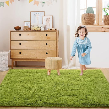 Super Soft Fluffy Shaggy Rugs for Living Room Bedroom, Fuzzy Plush Area Rugs for Girls Kids Room Nursery Home Decor, Furry Dorm Rug Cute Non-Slip Indoor Floor Carpet 4x5.9 Feet, Green - LeafyLoom