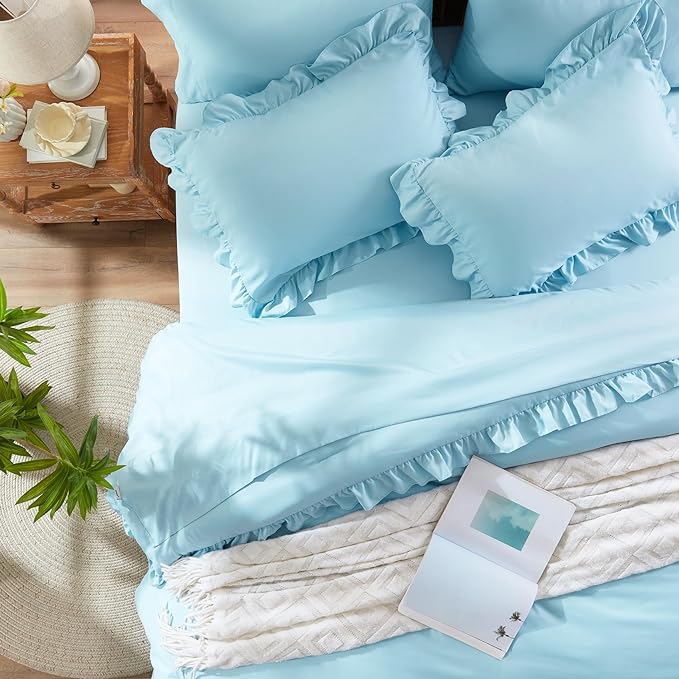 Anluoer Queen Comforter Set 7 Piece, Blue Bed in a Bag with Sheets, All Season Ruffle Shabby Chic Bedding Sets with 1 Comforter, 2 Pillow Shams, 2 Pillowcases, 1 Flat Sheet, 1 Fitted Sheet - LeafyLoom