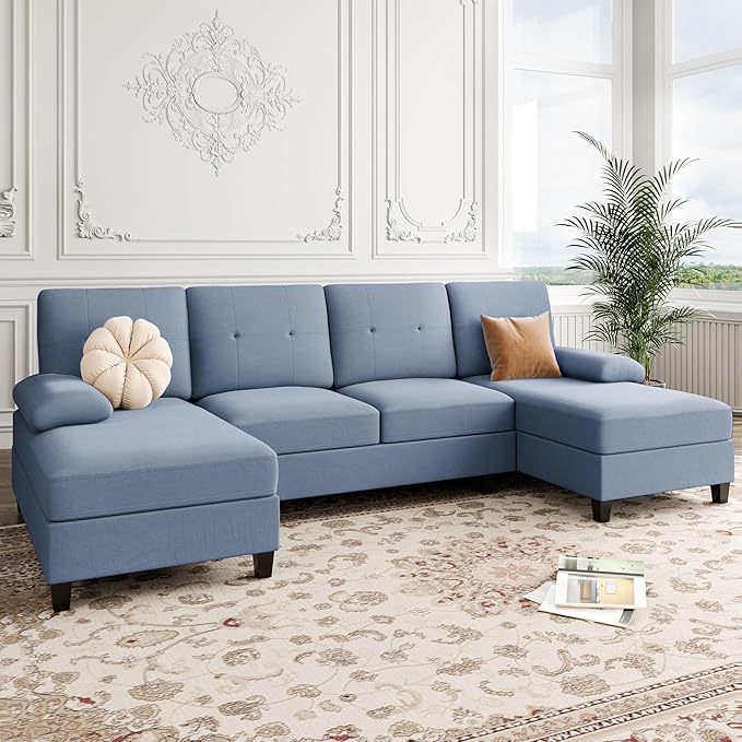 Shintenchi Sectional Couches for Living Room, U Shaped Sofa Couch with Double Chaise, 4-Seat Living Room Furniture Sets with Soft Cushion & Linen Fabric, Blue - LeafyLoom