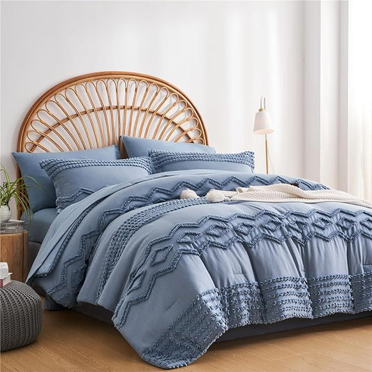 KAKIJUMN Blue Tufted 7-Piece Queen Comforter Set, Shabby Chic Boho Comforter and Sheet Set, All Season Soft Microfiber Complete Bedding Set - LeafyLoom