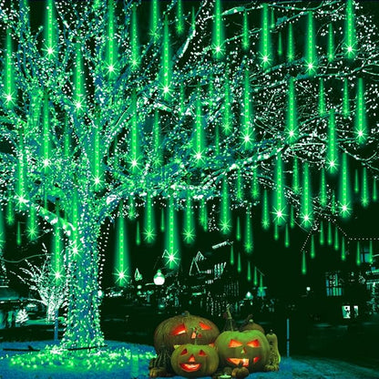 Halloween Lights Outdoor, Meteor Shower Lights Christmas Lights for Halloween Decorations, 8Tube 192LED Snow Falling Rain Icicle String Lights for Xmas Christmas Decor Tree Party,UL Plug Green Weepong