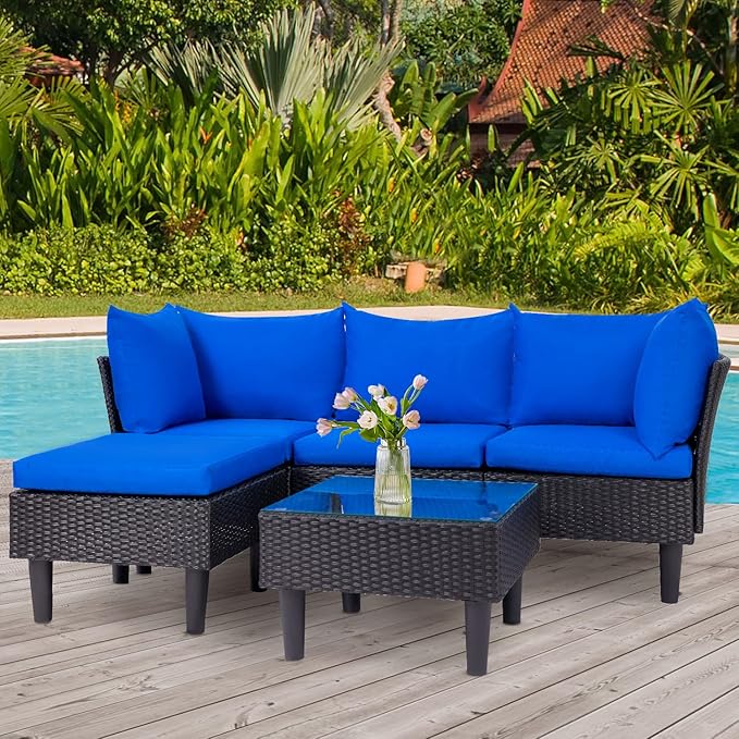 FDW 5 Pieces Patio Furniture Sets Outdoor Sectional Sofa Wicker Chair Rattan Conversation Set for Outdoor Backyard Porch Poolside Balcony Garden Furniture with Coffee Table,Blue Cushion - LeafyLoom