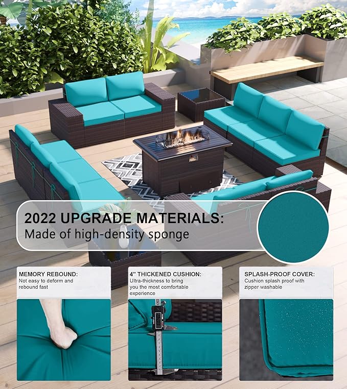 Kullavik 13 Pieces Outdoor Patio Furniture Set with 43" 55000BTU Gas Propane Fire Pit Table PE Wicker Rattan Sectional Sofa Patio Conversation Sets,Blue - LeafyLoom