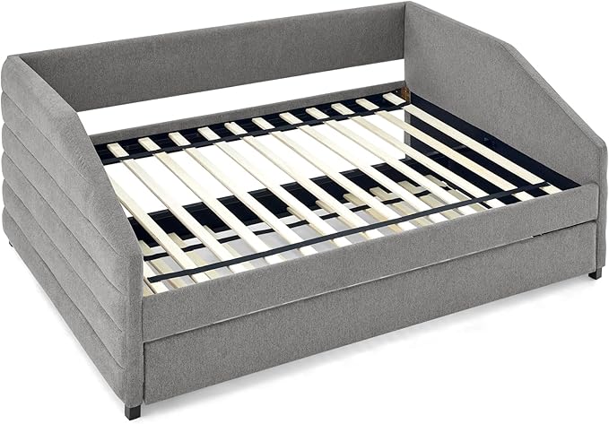 Linen Upholstered Full Size Daybed with Trundle, Solid Wooden Bedframe w/Pull Out Bed and Tufted Decorate, No Box Spring Needed, for Kids, Bedroom, Dorm - LeafyLoom