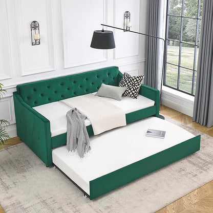 RITSU Twin Size Daybed with Casters, Modern Button Upholstered Velvet Sofa Bed w/Waved Shape Arms, No Box Spring Needed, for Bedroom, Livingroom, Green, 80.50 - LeafyLoom