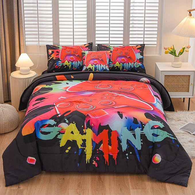 Aimuan Gaming Comforter Sets for Boys Kids Bedding Sets Video Games Console Action Buttons Novelty Colorful Game Gamepad Controller Modern Gamer Room Decor Home Quilt Set (Queen 6 Pcs,Black) - LeafyLoom