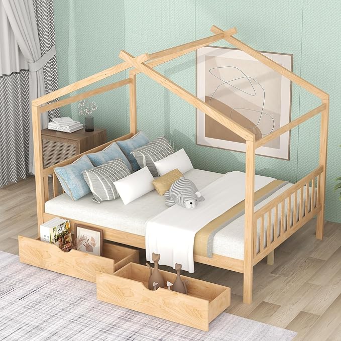 Full Bed Frame with Headboard and Footboard, Low House Bed/Full Bed Frame with Storage Drawer, Wood Bed Frame for Kids, Girls, Boys, Teens, Full Bed Frame Natural - LeafyLoom