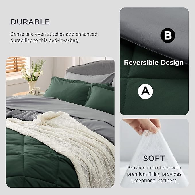 Bedsure Forest Green Twin Comforter Set - 5 Pieces Reversible Twin Bed in a Bag for College, Extra Long Twin Bed Set Forest Green and Grey with Comforters, Sheets, Pillowcase & Sham - LeafyLoom