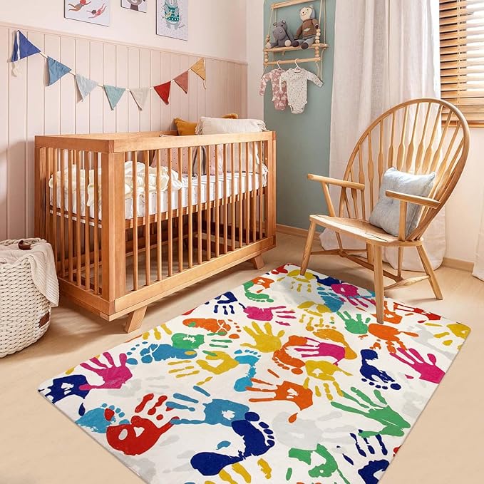 Handprints and Footprints Kids Rug Play Carpet, 4'x6' Washable Colorful Area Rug for Nursery Room, Ultra Soft Non-Slip Indoor Play Mat for Bedroom Playroom Classroom - LeafyLoom