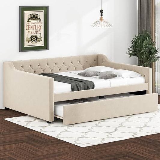 Full Size Velvet Upholstered Tufted Daybed with Twin-Size Trundle,Modern Wood Bed Frame w/Armrests,Slat Support,No Box Spring Needed,Daybeds for Apartment,Bedroom,Guest Room,Beige - LeafyLoom