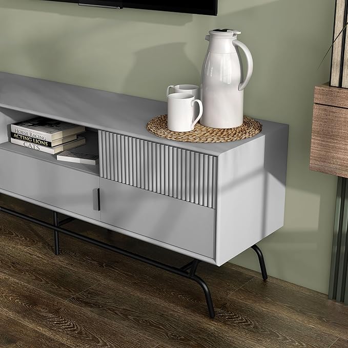 24/7 Shop at Home Quin Modern TV Stand with Storage Drawers, Media Console Cabinet, Entertainment Center for 65 inch Television, Unique Living Room Furniture, Grey Pure - LeafyLoom