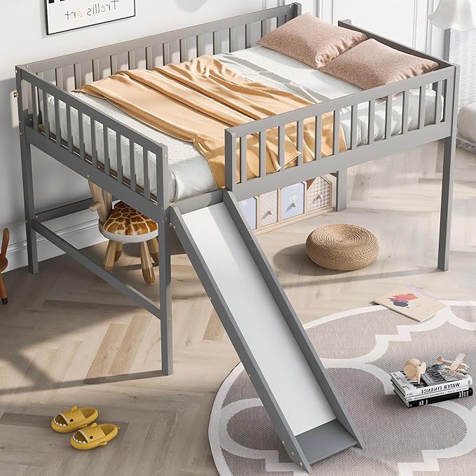 Merax Full Size Wood Low Loft Bed Frame with Slide for Kids Girls Boys,Full Length Guardrails, Gray - LeafyLoom