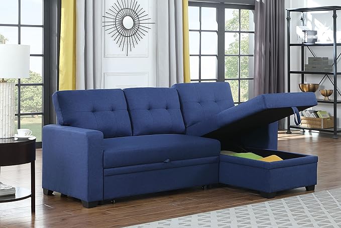 RITSU L-Shaped Convertible Sectional Sofa, Pull Out Sleeper Bed Corner Couch with Storage Space, Linen Tufted Cushions, for Living Room,Office,Apartment, Blue, 82 inch - LeafyLoom