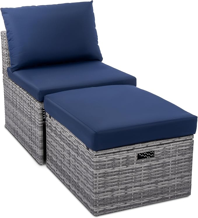 BACKYARD EXPRESSIONS PATIO · HOME · GARDEN w Backyard Expressions 2 Pc. Outdoor Conversation Chair Set with Storage and Ottoman, 250lb Weight Capacity, Navy Blue/Grey Wicker - LeafyLoom