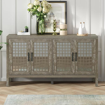 Merax Sideboard Buffet Cabinet, with Storage and 4 Mirror Doors, Retro Farmhouse Style, for Living, Dining Room and Kitchen, Grey - LeafyLoom