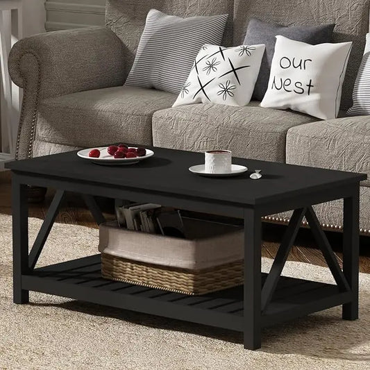 ChooChoo Coffee Table, Rustic Vintage Living Room Table with Shelf, 40 Pure Black - LeafyLoom