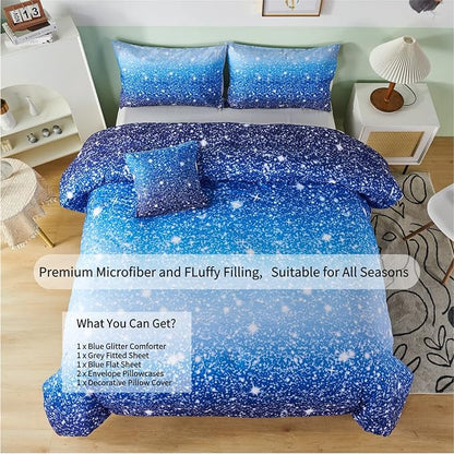 RYNGHIPY 6Pcs Gradient Aqua Blue Navy Ombre Comforter Sets with Sheets Pillowcases, Queen Size Sparkle Glitter Design Comforter Bedding Collections for Kids Boys and Girls - LeafyLoom