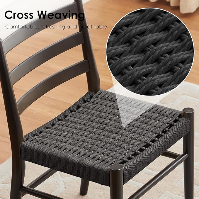 STARY Wood Rattan Dining Room Chairs Comfortable Woven Seat, Fully Assembled, Full Black - Set of 2 - LeafyLoom