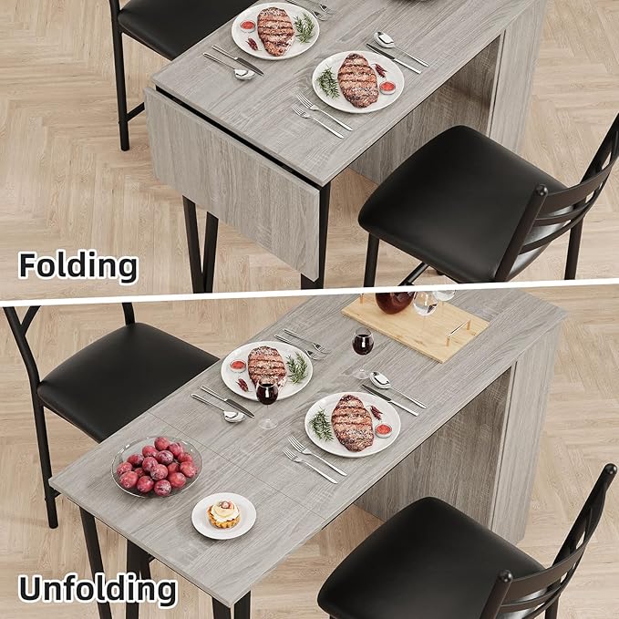 GAOMON Dining Table Set for 2, Kitchen Bar Table and Chairs Set for 2, 3PCS Kitchen Table Set with 2 Upholstered Chairs, Expandable Counter Height Bar Table Set with 3 Storage, Grey - LeafyLoom