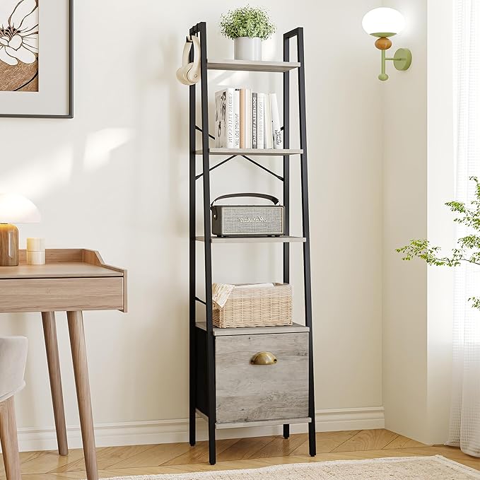 Narrow Bookshelf Bookcase with Drawer, Ladder Shelf with 2 Hooks, Bookshelves Storage Organizer, Freestanding Display Standing for Home Office, Bedroom, 5 Tier Greige BC19505B - LeafyLoom