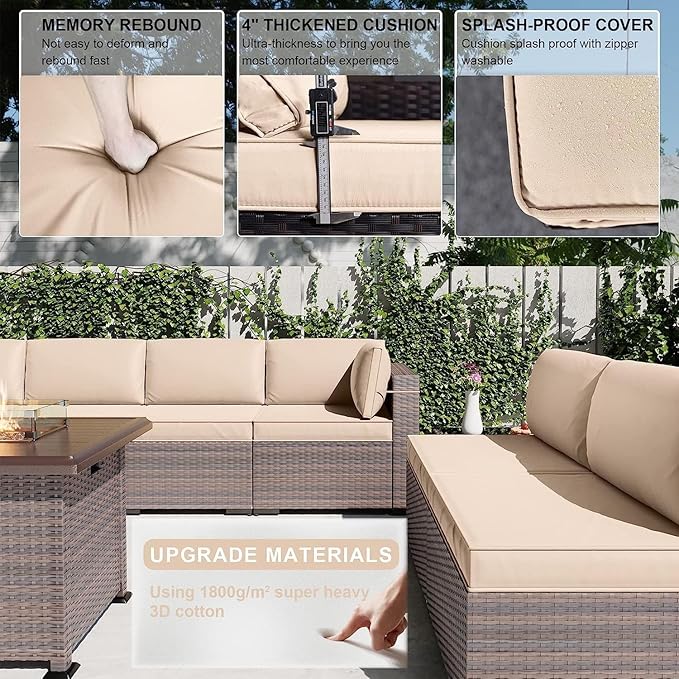 Kullavik 13PCS Outdoor Patio Furniture Set with 43" 55000BTU Gas Propane Fire Pit Table PE Wicker Rattan Sectional Sofa Patio Conversation Sets,Khaki - LeafyLoom