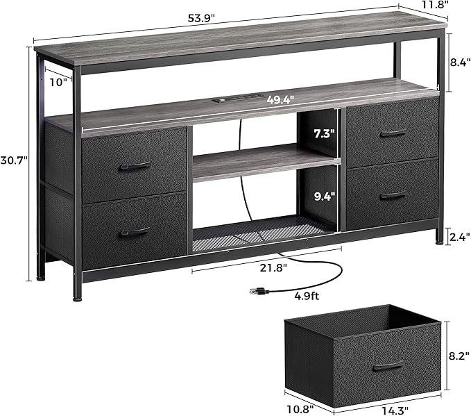 TV Stand Dresser with Power Outlets and LED Lights, 4 Drawers Entertainment Center with Shelves, 54in Media Console for 55 60 Inch TV, Dresser with PU Finish, Grey and Black - LeafyLoom