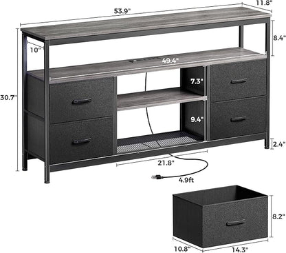 TV Stand Dresser with Power Outlets and LED Lights, 4 Drawers Entertainment Center with Shelves, 54in Media Console for 55 60 Inch TV, Dresser with PU Finish, Grey and Black - LeafyLoom