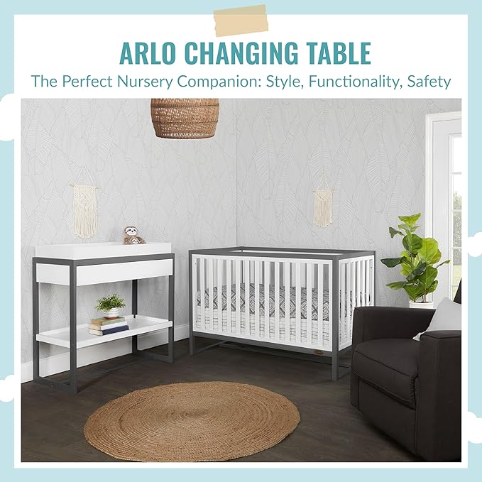 av2023-Dream nontoxic strap-3b688703 Arlo Changing Table, Made of Solid New Zealand Pinewood, Non-Toxic Finish, Comes with Water Resistant Mattress Pad & Safety Strap, Steel Grey And White - LeafyLoom