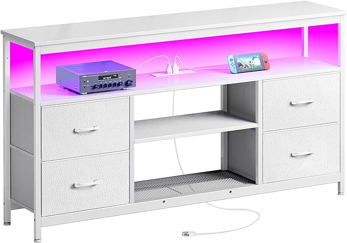 TV Stand Dresser with Power Outlets and LED Lights, 4 Drawers Entertainment Center with Shelves, 54 Inch Media Console for 55 60 Inch TV, 4 AC Outlets, 2 USBs, Dresser with PU Finish, White - LeafyLoom