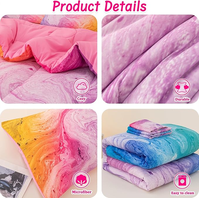 4 Pcs Tie Dye Twin Comforter Set for Girls, Watercolor Marble Abstract Art Superior Kids Bedding Sets Twin Size, Pink Purple Blue Colorful Teenage Girls Comforter Sets - LeafyLoom