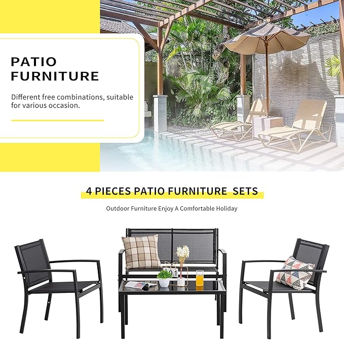 Shintenchi 4 Pieces Patio Furniture Set All Weather Textile Fabric Outdoor Conversation Set, with Glass Coffee Table, Loveseat, 2 Single Chairs for Home, Garden, Lawn, Porch（Black） - LeafyLoom